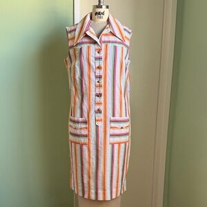 Early 1970s Striped Sleeveless Day Dress with Large Collar